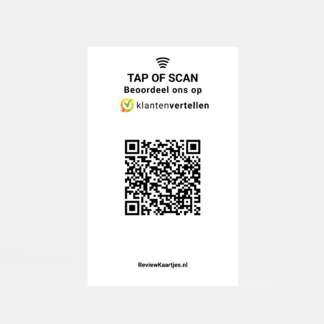 Klantenvertellen Review Kaart in hand met NFC en QR code met eigen logo